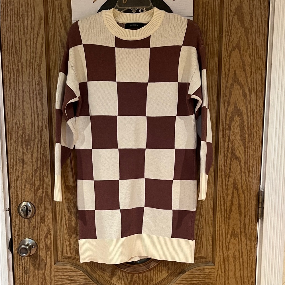 Brown and Cream Checkered Knit Mini Dress